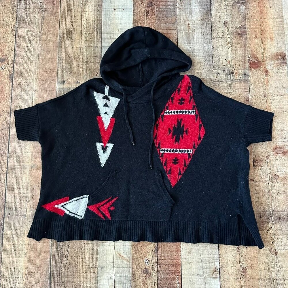Vintage Ralph Lauren Active Hooded Poncho Sweater XL Black & Red Geometric Wool